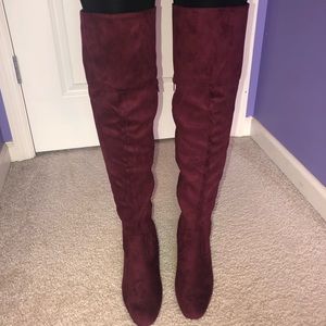 maroon suede knee high heel boots